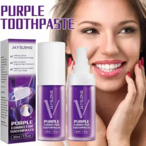 Set x2 de pasta dental morada líquida blanqueadora Jaysuing de 30ml con dispensador, caja y modelo sonriente de fondo.